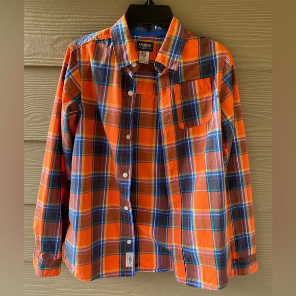 OshKosh B'Gosh Boys' Orange Blue Plaid Woven Buttonfront Cotton Shirt Size 14 - Picture 6 of 10